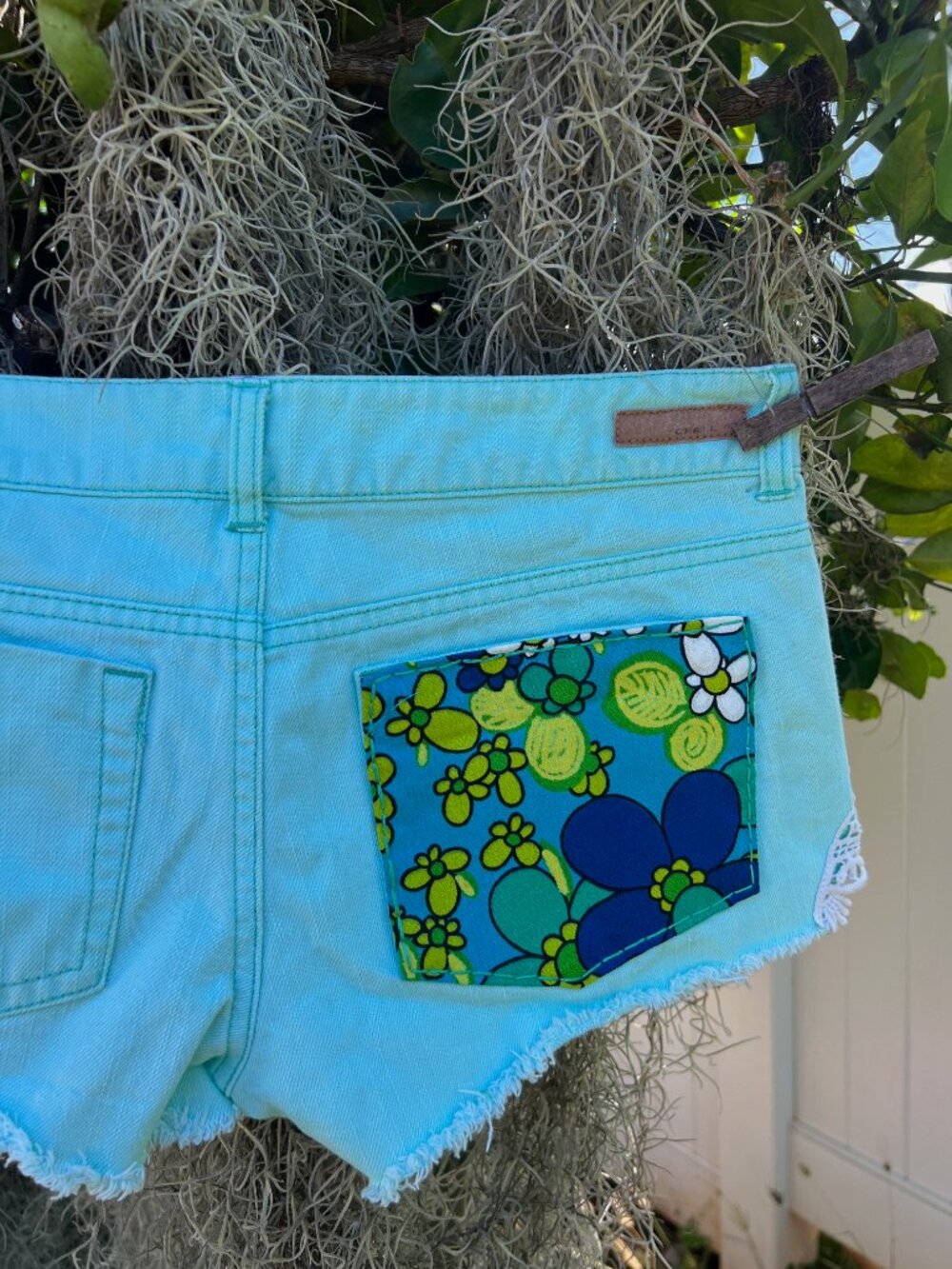 Upcycled Women’s Sea Foam O’Neill Shorts with Groovy Hawaiian Vintage Fabric